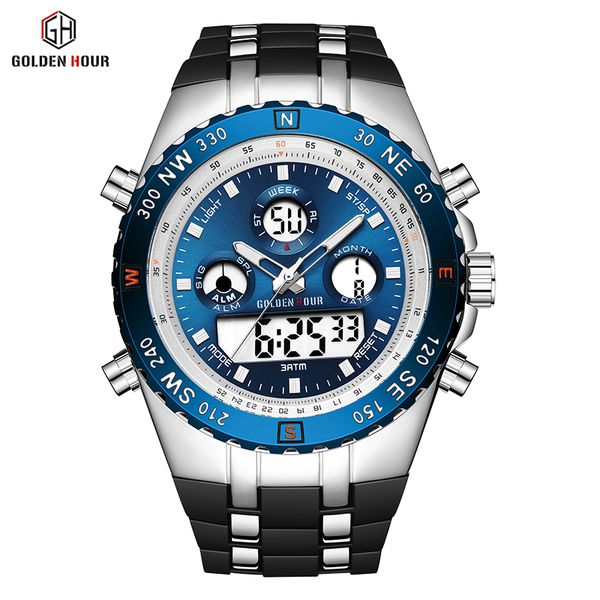 

golden hour brand fashion dual time quartz watch men digital clock silicone military 50mm big dial men sports wristwatch relogio, Slivery;brown