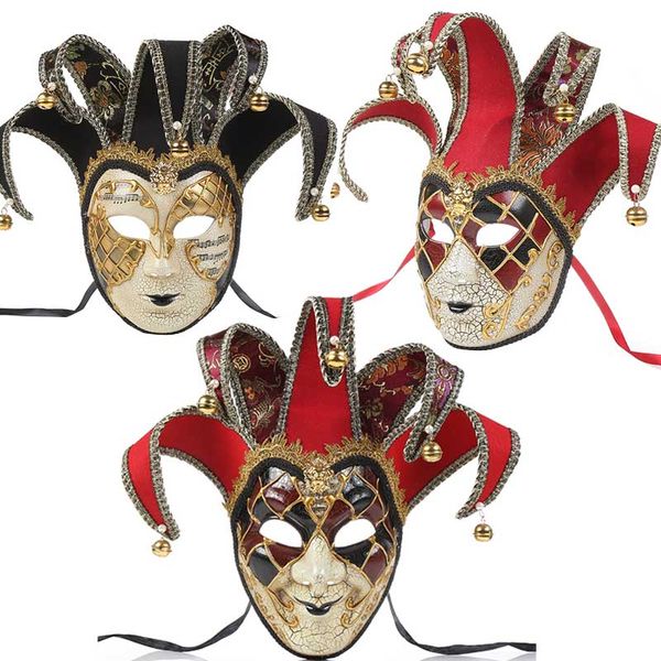 

full face men women venetian theater jester crack masquerade mask with bells mardi gras party ball halloween cosplay mask costume 3 styles