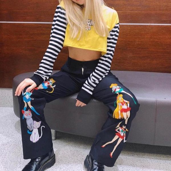 

nibber милый мультфильм повседневные панталоны mujer женские брюки 2019 весна новый твердый высокая талия офис леди улица повседневные брюки, Black;white