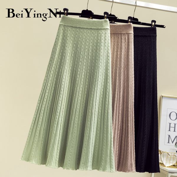 

beiyingni new arrival knit skirt women solid vintage fashion pleated midi skirts ladies knitted soft korean skirt faldas mujer, Black