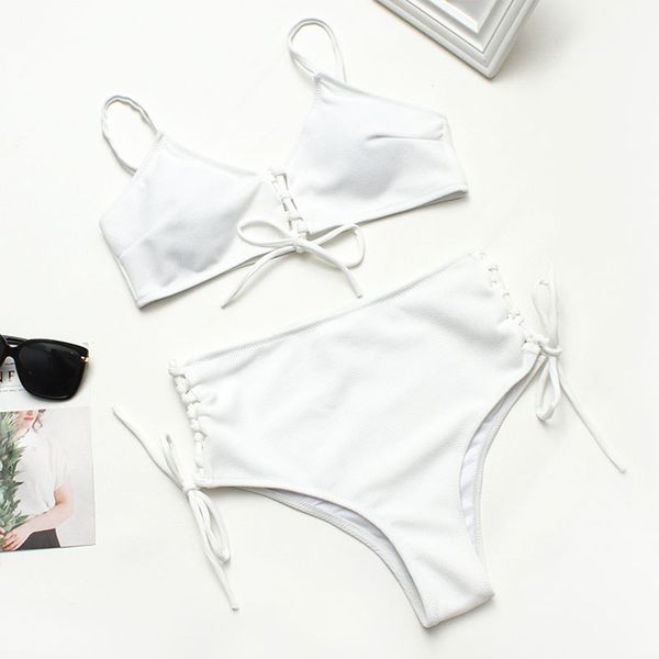 

high waist bikini bandage swimsuit women high neck bather biquini beach striped bathing suit new swimwear