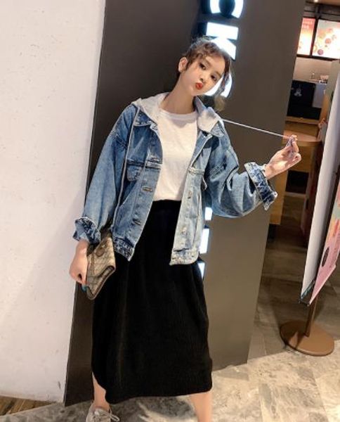 

european goods denim clothing detachable hat retro female 2019 autumn new student bf harajuku hong kong style korean version of the coat, Black;brown