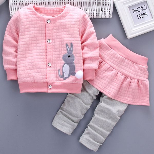 

children's 2019 girls dress spring new long-sleeved decal single-sleeve buckle casual two-piece set 1-4 year old baby child set, White