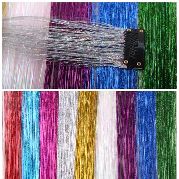 

glitter hair tinsel sparkling bling rainbow false hair strands highlight synthetic extension clip hairpiece for lady women party fast f2729, Blue;red
