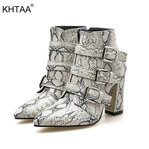 

khtaa 2019 women autumn buckle strap leopard ankle boots zip ladies plus size fashion high heel female pointed toe shoes, Black