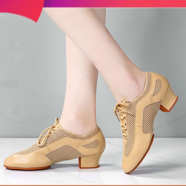 

soft square heeled cross-border leather mesh dance shoes ballroom jazz latin square dancing shoes indoor outdoor, Black