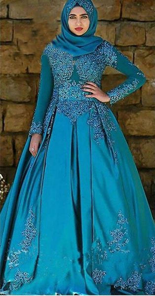 Abito da sposa collo alto a maniche lunghe HiJab arabo blu Abito da sposa musulmano A Line Abito da sposa Elie Saab