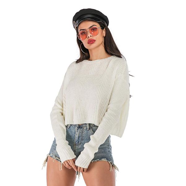 

korean style loose sweater women pullover casual loose o-neck long-sleeve solid color pullover short sweater blouse female, White;black