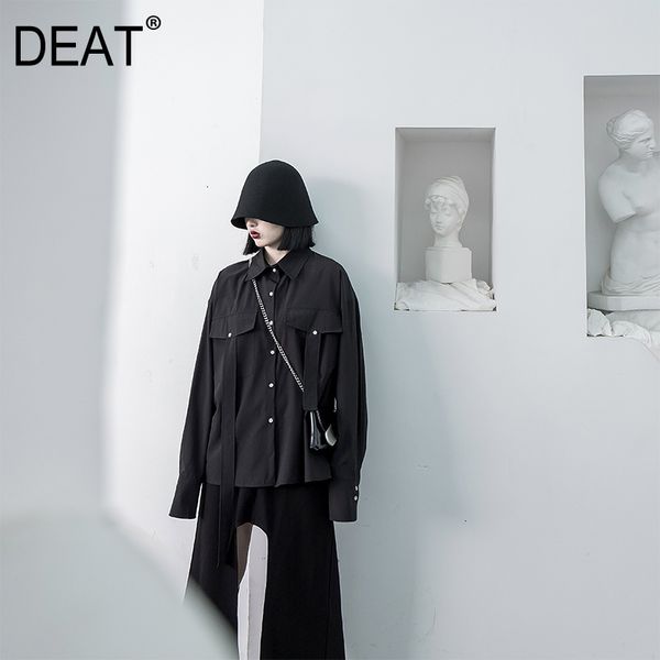 

deat] women spliced leisure black brief blouse new lapel long sleeve loose fit shirt fashion tide spring autumn 2019 13e051, White