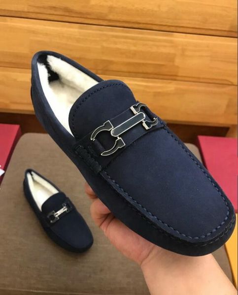 

genuine leather suede mens casual driving shoes luxury designer winter horsebit buckles party doug shoe mocassin fur dress shoes 38-44, Black