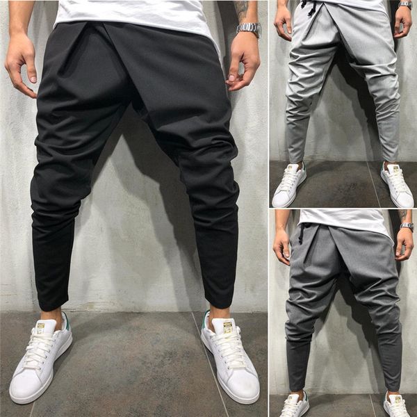 

2019 brand new mens casual sports pants slim fit straight tracksuits jogger gym trousers fashion men lace-up pencil pants solid, Black