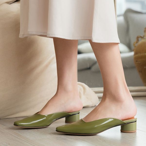 

pxelena mules slippers women real genuine leather round med heel slides 2019 summer brand new square toe party date shoes green, Black