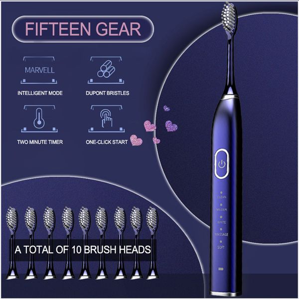 

automatic electric toothbrush 10 brush head sonic wave rechargeable ultrasonic teeth brush replacement heads set 15 modes