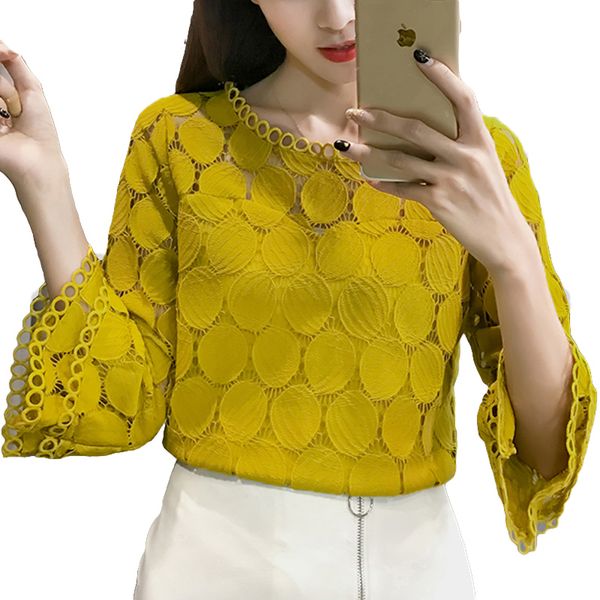 

2019 white lace blouse women shirt summer korean style flare sleeve o-neck hollow out casual ladies lace blusa feminina