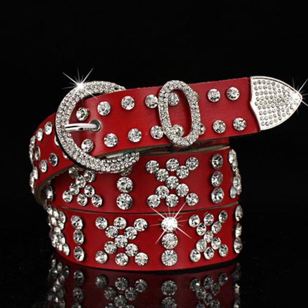 

female woman red leather belt with diamonds zircon crystal new trendy fashion luxury designer 110 cm 3.6ft, Black;brown