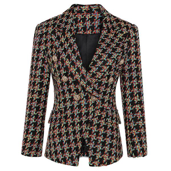 

women houndstooth woolen coat jacket double-breasted pockets long-sleeve short woolen coat suit 2019 spring autumn thin, Black
