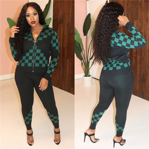 

plaid panelled print womens designer tracksuits fashion zipper cardigan long pants womens 2pcs sets casual females clothing, Gray