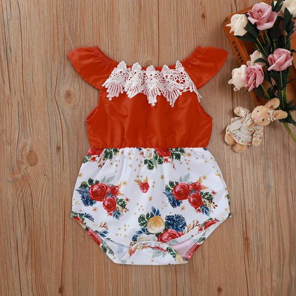 

newborn infant baby girls clothes sleeveless lace patchwork flower print one piece romper summer kids jumpsuit outfits sunsuit, Blue