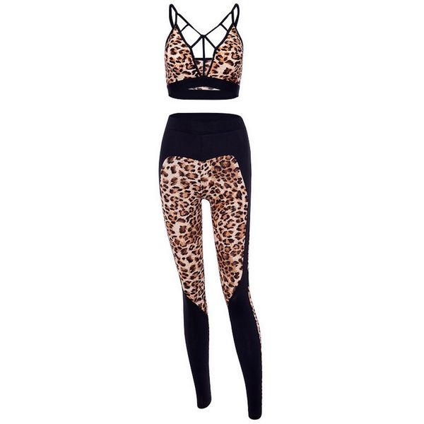 

women yoga suit leopard print hollow out strappy bra fitness, sporting, yoga, etc pants slim sportswear set, White;red