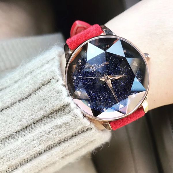

handmade fur leather strap watches for women fashion candy colors colorful wrist watch quartz faceted star glass watch montre, Slivery;brown