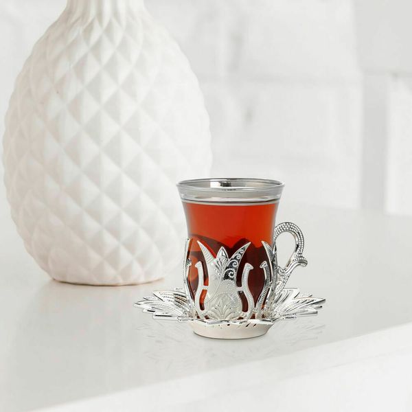 

handmade gold silver arabic turkish tea cups and saucers set for six people