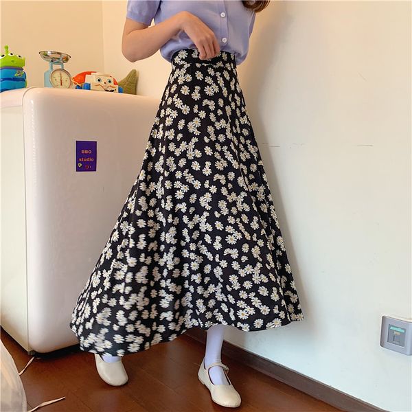 

summer new korean dress little daisy skirt women's high waist floral skirt students, Black
