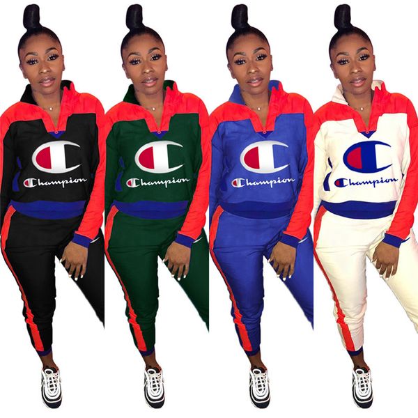 

champion brand women sweatsuit designer tracksuits two piece long sleeve outfits stand collar hoodie and pants leggings sprotwear set c8205, White