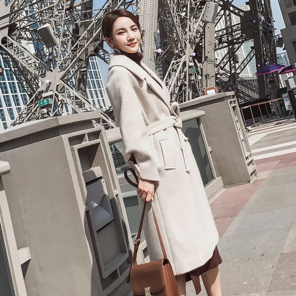 

elegant твердые женщины длинные зима полушерстяные пальто тонкий двубортный шерсти пальто и куртки карманы отложной воротник верхняя одежда, Black