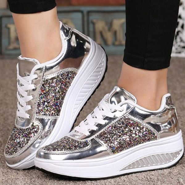 

2019 spring bling shiny fashion sequins women shoes platform wedges shake glitter sport for woman lace-up stability sneakers, Black