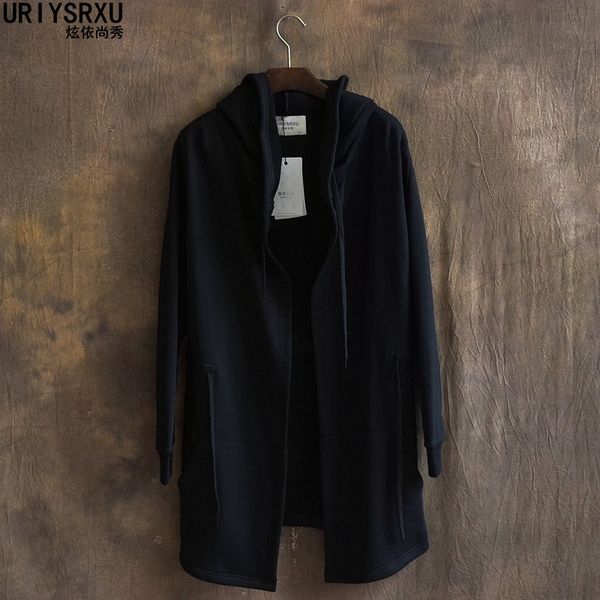 

the mainstream pure color hooded men long thin paragraph cardigan trench coat hoodie big yards wide hood shirt for men, Black