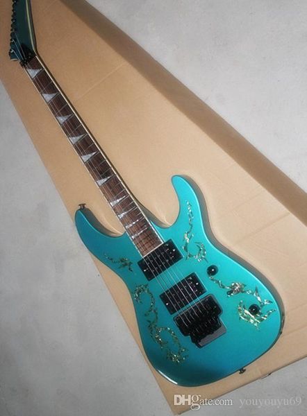 

blue electric guitar floral pattern with shell color, black hardware, floyd rose, 24 frets, personalized service