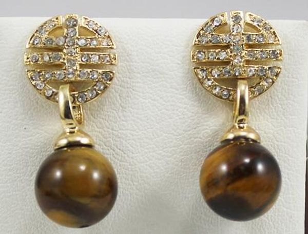 

er00157 classic tiger eye natural jade drop earring, Golden