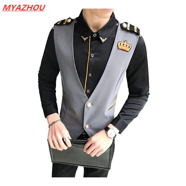 

new deep v-neck single-breasted vest slim solid color small crown embroidery men's suit vest nightclub hair stylist tooling, Black;white