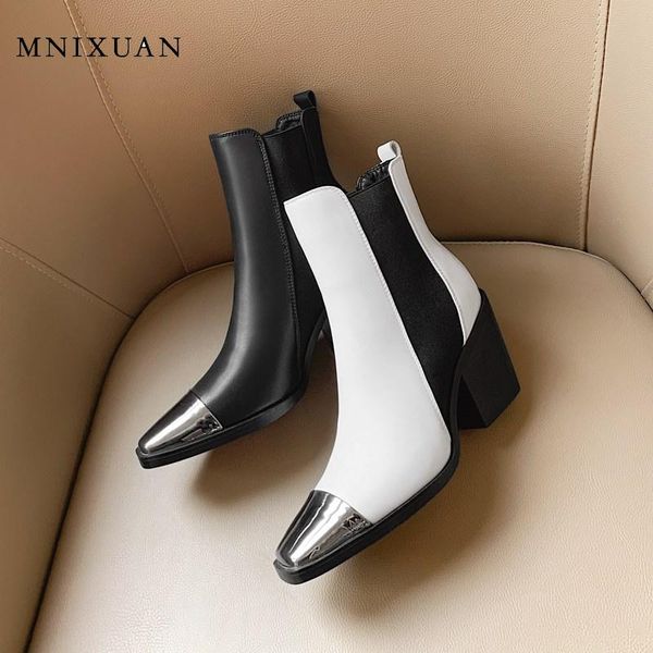 

mnixuan western boots cowboy boots women black booties 2019 new square toe slip on high heels ankle white