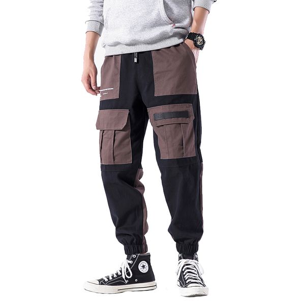 

pockets cargo pants men color patchwork casual jogger fashion tactical trousers harajuku streetwear 2020 autumn pants, Black