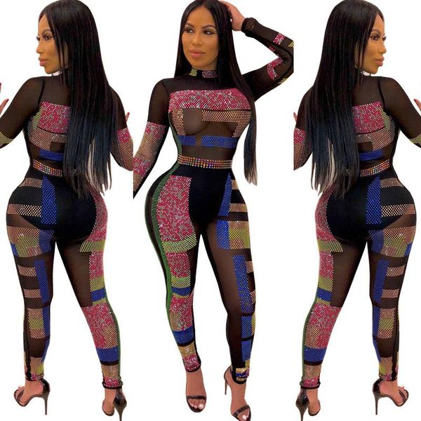 

женщины сексуальная мульти горный хрусталь клуб bodycon комбинезоны черный sheer сетки bling bling молния с длинным рукавом геометрический у, Black;white