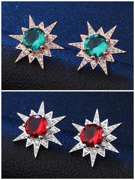 

ruby emerald zircon diamonds star stud earrings women gold white luxury red green gemstone fashion elegant monaco design dubai, Golden;silver