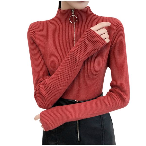

women turtleneck knitted sweater solid color long sleeve zipper autumn slim elegant thin pullover maglioni donna#y3, White;black