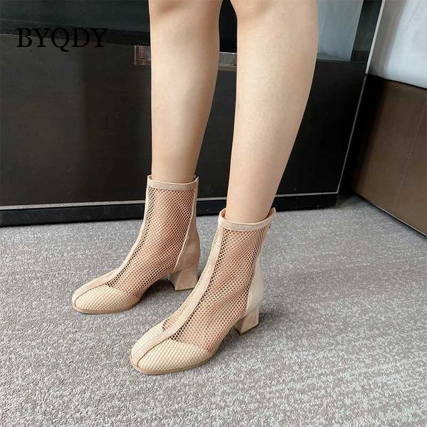 

boots byqdy summer fashion woman hollow out mesh stretch fabric sock thick heels round toe ankle boot with zipper, Black