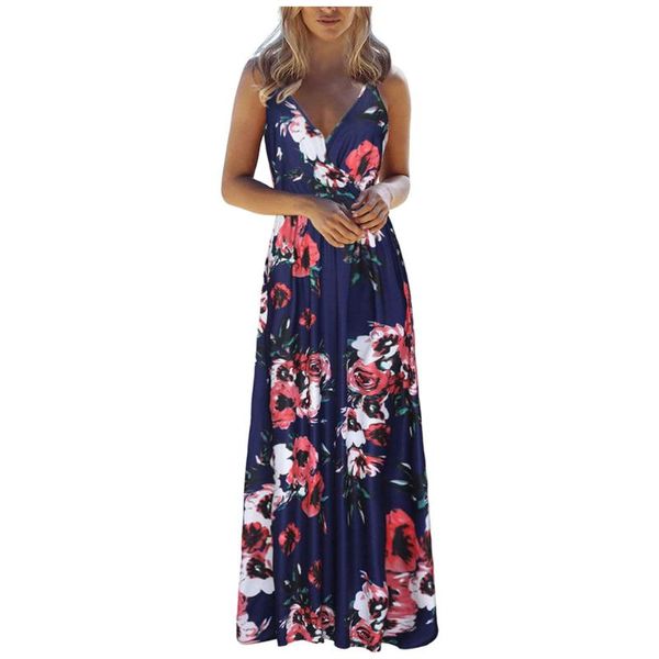

women sling floral long dress new arrival summer boho v-neck sleeveless evening party beach maxi dress casual sundress, Black;gray