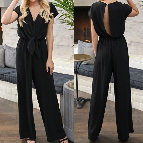 

summer new fashion women simple style v-neck jumpsuit playsuit romper wide leg summer holiday beach long loose pants, Black;white