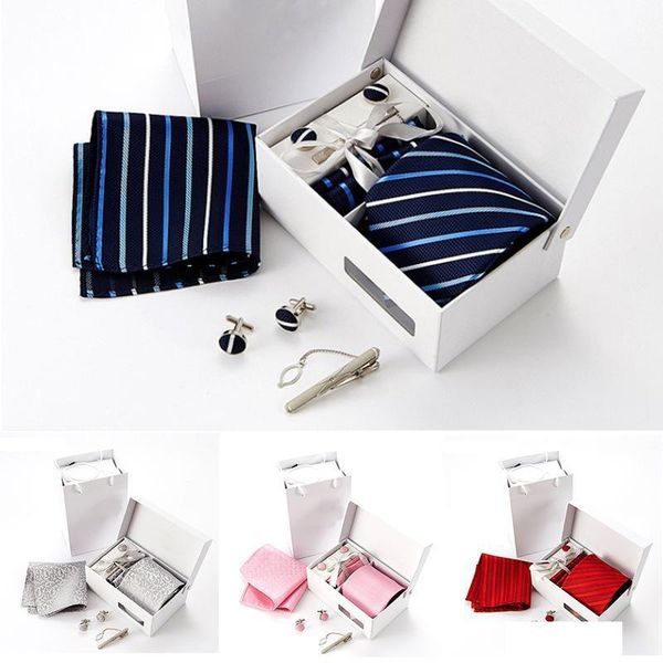 

6pcs set men tie set luxury polyester silk jacquard tie classic stripe business for wedding party with gift box, Blue;purple