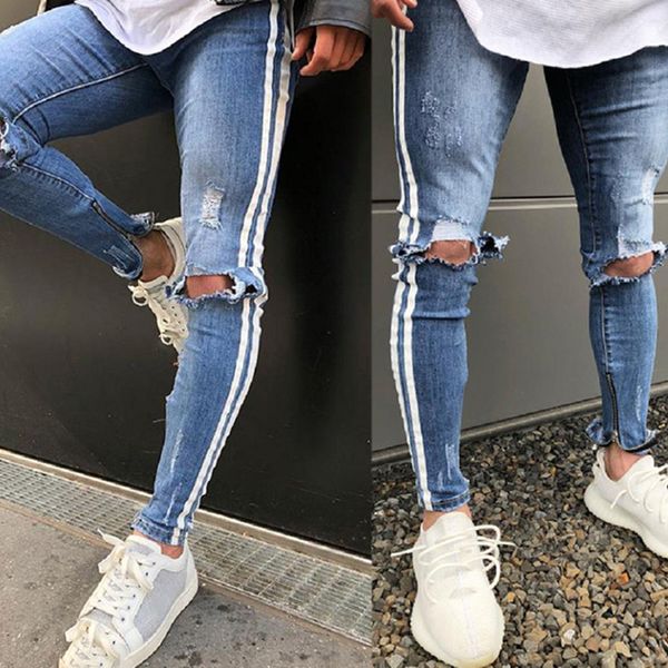 Avrupa Amerikan Sokağı Moda Erkekler Kot Hafif Beyaz Şerit Hip Hop Pantolon Skinny Jeans Erkekler Yırtık Yırtık Homme