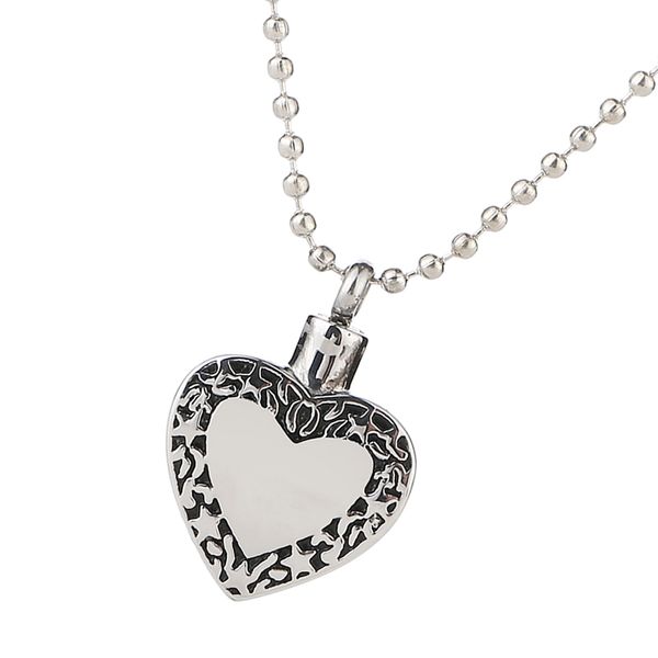 

stainless steel ashes locket necklace ashes holder prayer box locket necklace - love heart pendant with elegant carved pattern, 75cm chain, Silver