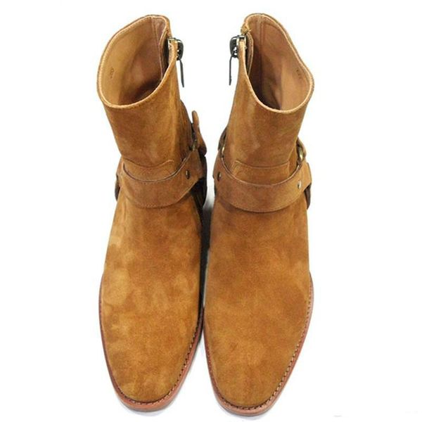 

wyatt biker chains ankle boots mens shoes brown leather men dress shoes botas militares shoes men pointed toe buckle men boots, Black