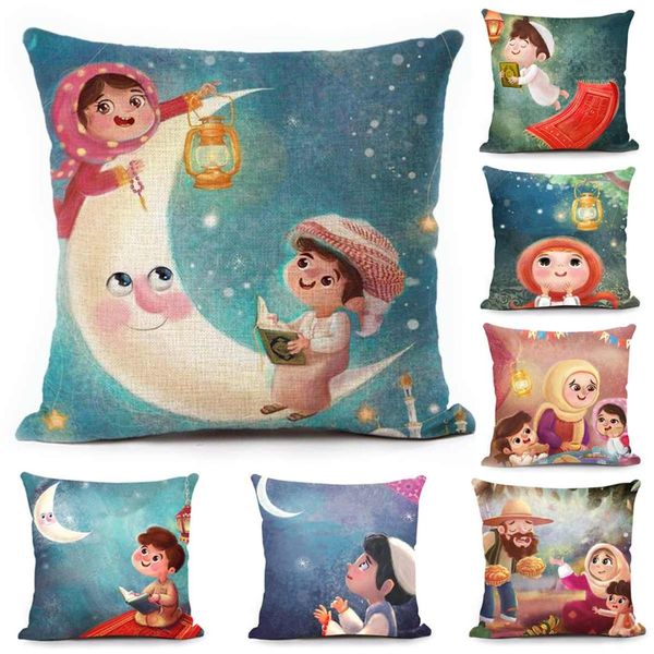 

ramadan kareem cushion cover linen cotton colorful throw pillow cover castle lantern moon printed sofa chair eid mubarak 45x45cm
