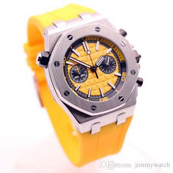 

44mm royal oak offshore diver men watch yellow dial durable yellow rubber strap outdoor mens watches quartz chronograph wristwatches, Slivery;brown