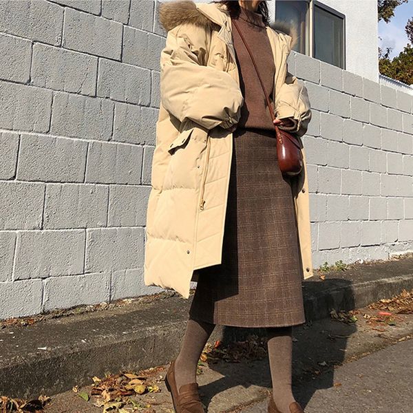 

casual women fur collar winter loose coat ladies hooded long oversize coat female thick cotton padded outwear, Tan;black