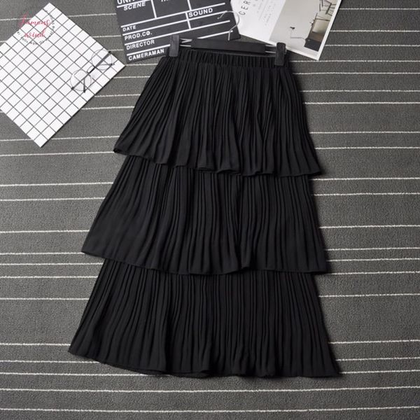 

women cake skirt summer pleated solid color skirt high waist long paragraph skirt thin fairy cake, Black