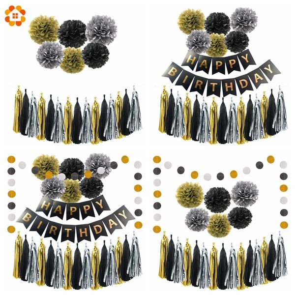 

1set paper crafts black&gold&silver happy birthday banner garlands decoration bunting birthday for kids party supplies